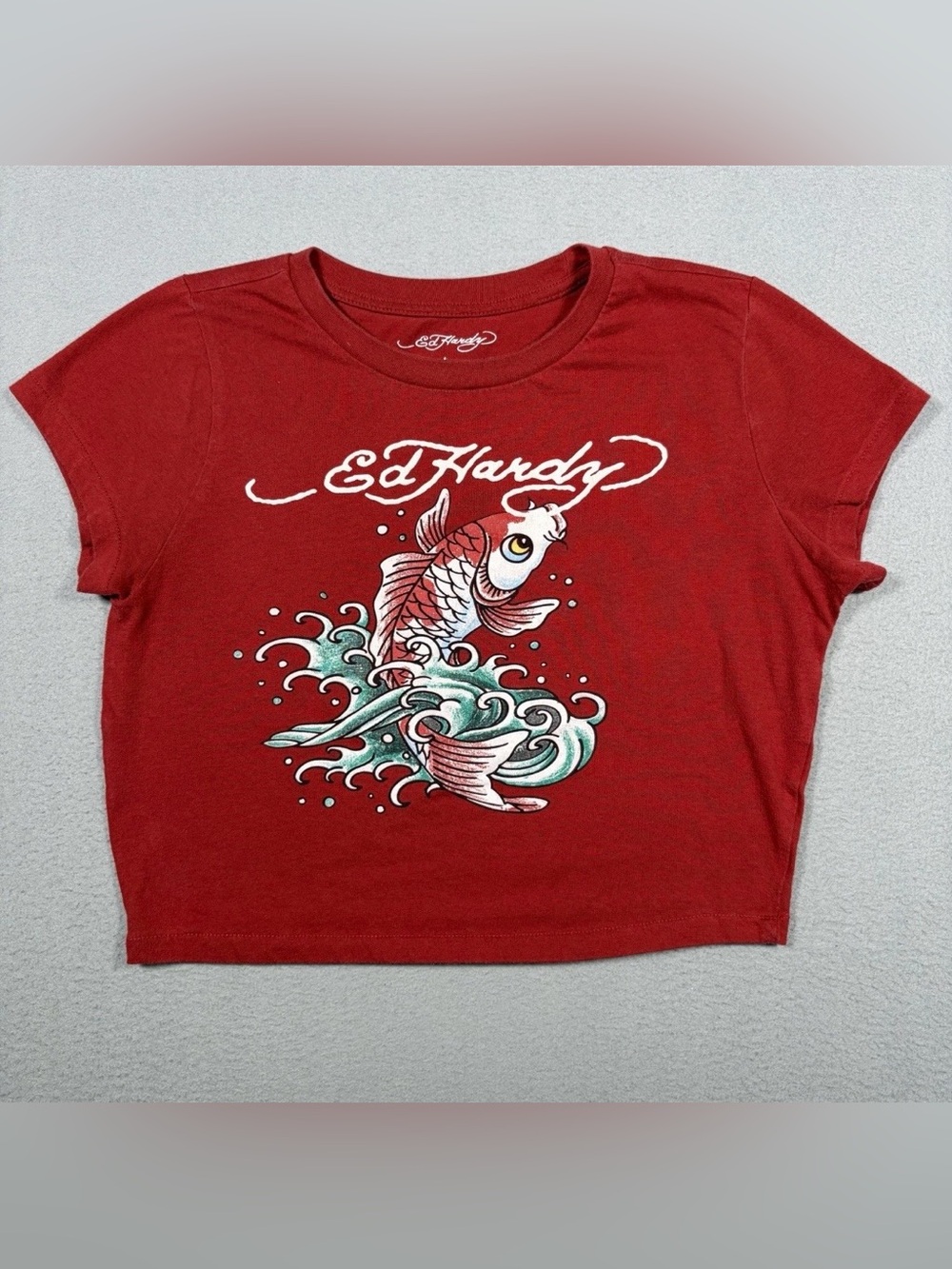 Ed Hardy Koi Fish Baby Tee T Shirt Women Large Red Y2K Retro  Cropped Tattoo